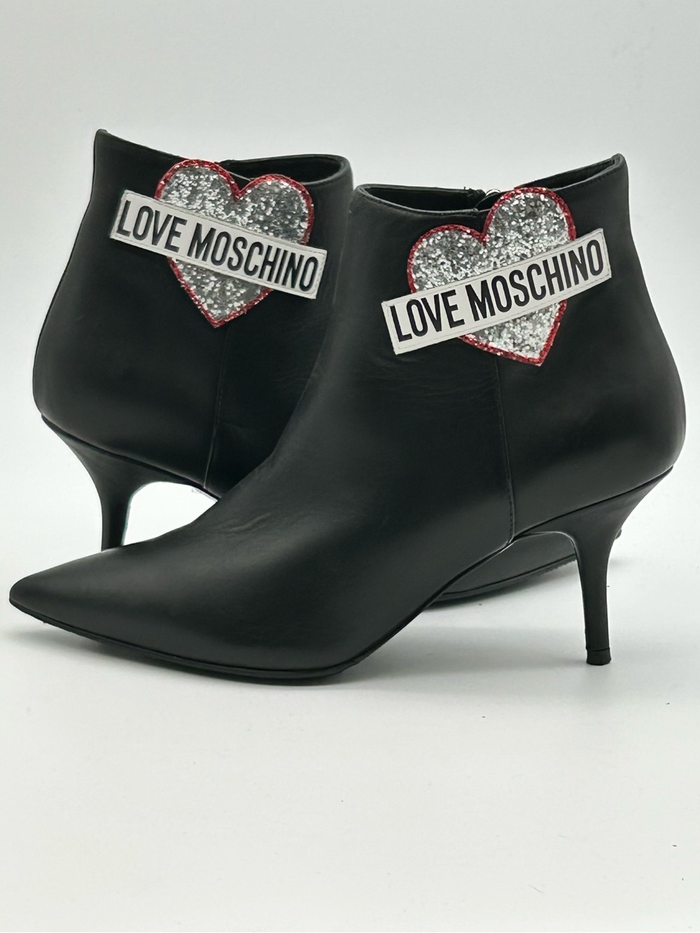 Love Moschino Black Ankle Boots with Silver Glitter Heart Patch